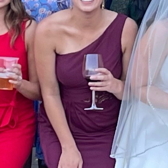 David's Bridal One-shoulder Mesh Dress with Lace Inset in Wine Size 6 - Picture 4 of 4